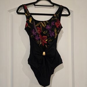 Allure Black And Purple Onepiece Swim Suit with Vibrant Floral Design